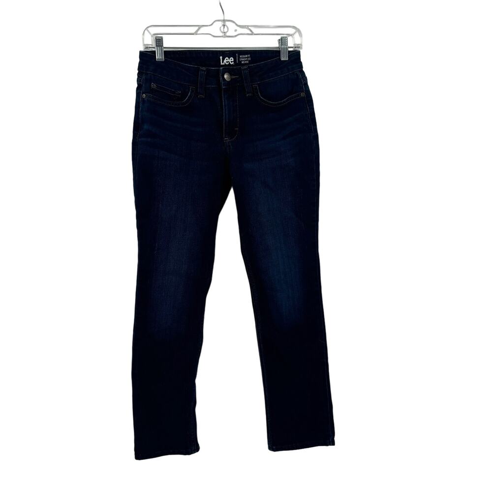 Lee regular fit straight leg midrise jeans.